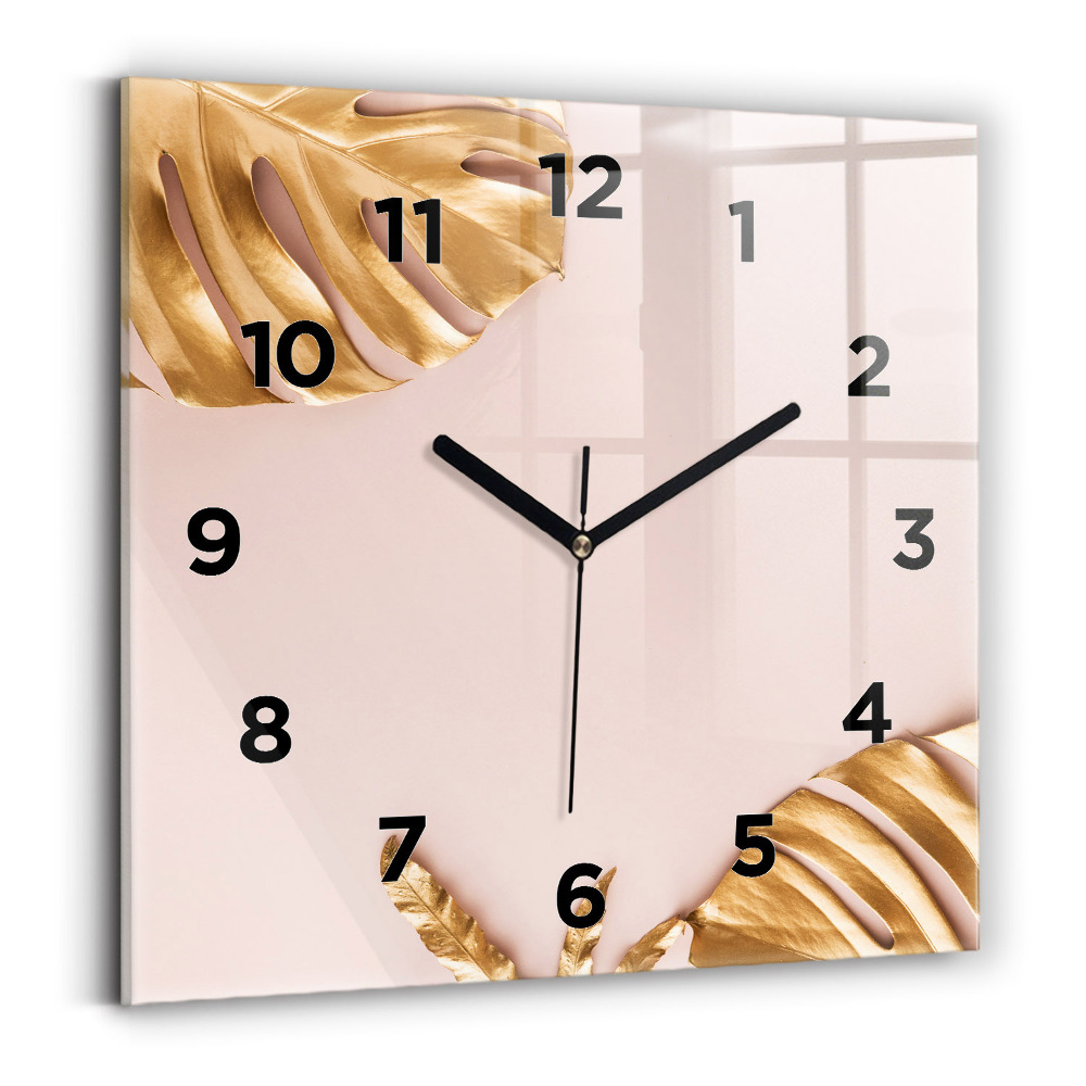 Ceas pătrat de perete din sticlă Frunze tropicale aurii