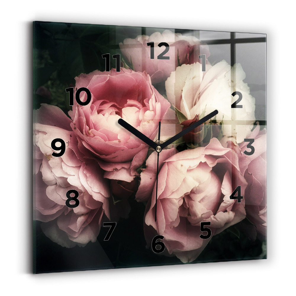 Ceas de sticlă pe perete pătrat Buchet de trandafiri roz