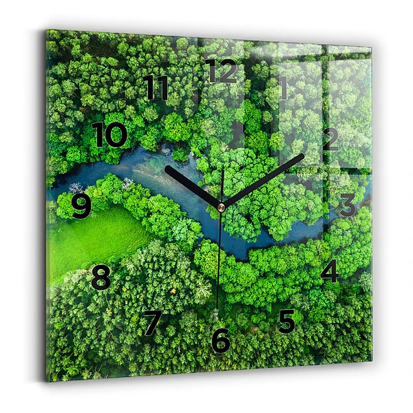 Ceas perete din sticlă pătrat Râu în pădure