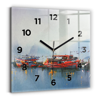 Ceas pătrat de perete din sticlă Barcă de pescuit în port