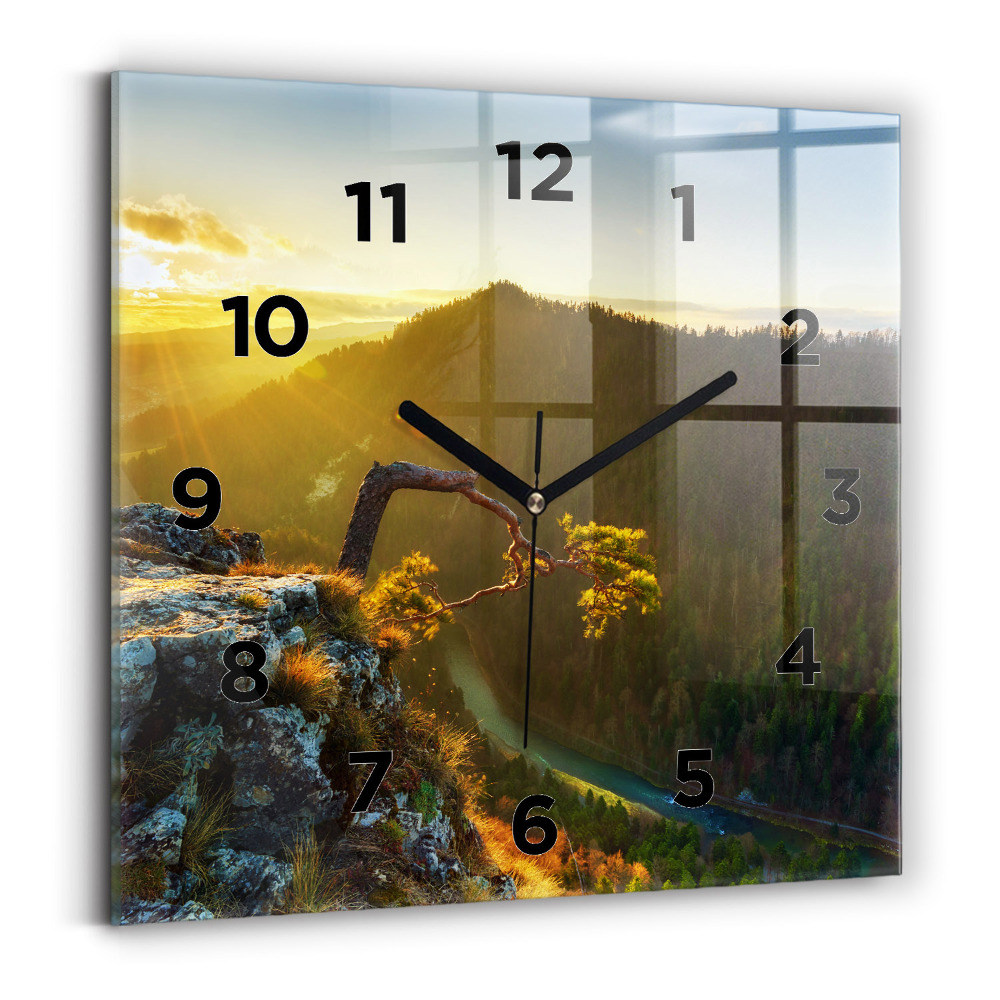 Ceas perete din sticlă pătrat Apus peste munți