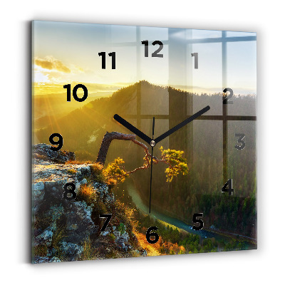Ceas perete din sticlă pătrat Apus peste munți