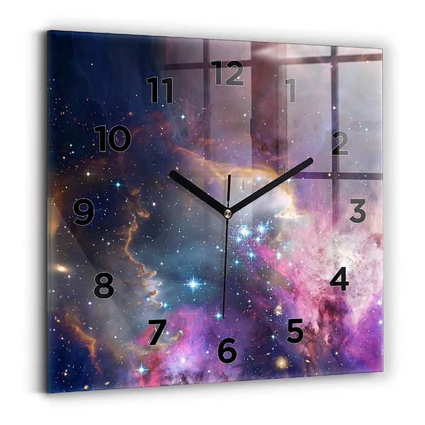 Ceas perete din sticlă pătrat Galaxy și stele