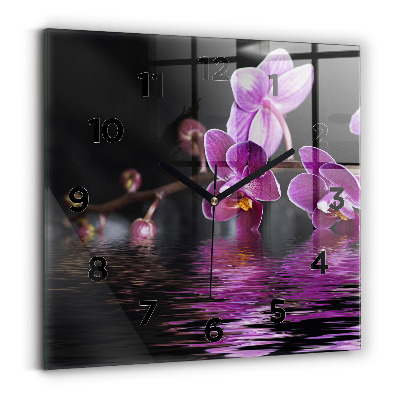 Ceas perete din sticlă pătrat Floare de orhidee pe apă