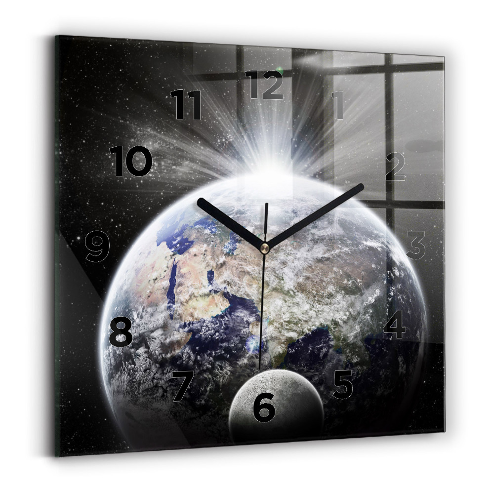 Ceas pătrat de perete din sticlă Pământ Lună Soare
