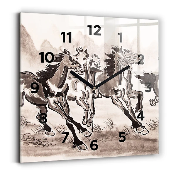 Ceas de sticlă pe perete pătrat Cai în galop