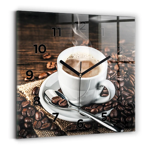 Ceas perete din sticlă pătrat ceașcă și cafea boabe