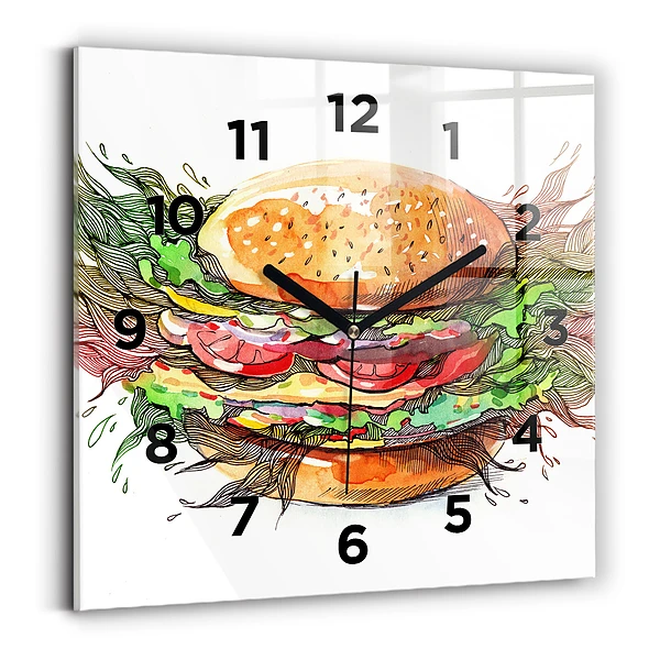 Ceas perete din sticlă pătrat Burger cu brânză XXL