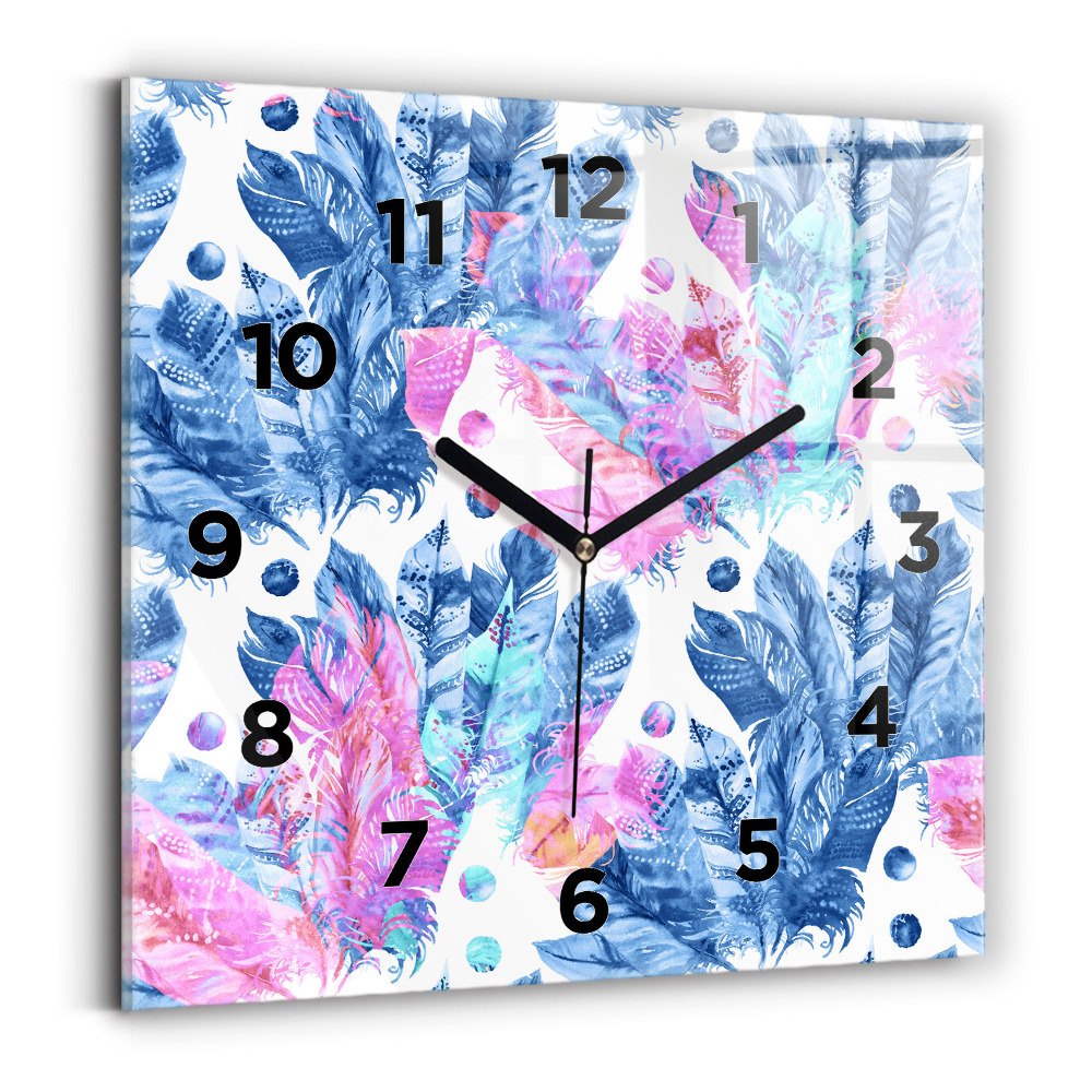 Ceas perete din sticlă pătrat Pene colorate