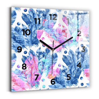 Ceas perete din sticlă pătrat Pene colorate