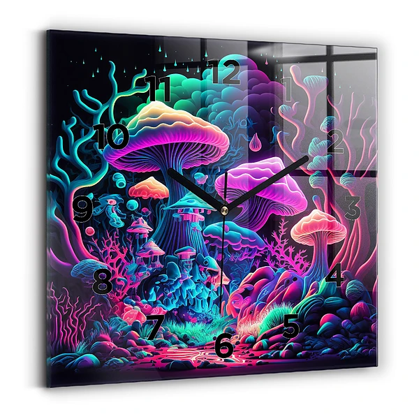 Ceas de sticlă pe perete pătrat Ciuperci neon