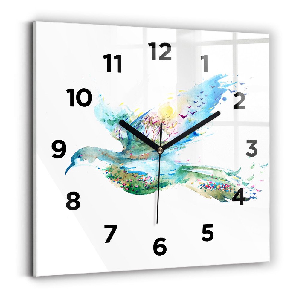 Ceas pătrat de perete din sticlă Abstracția păsărilor și a primăverii