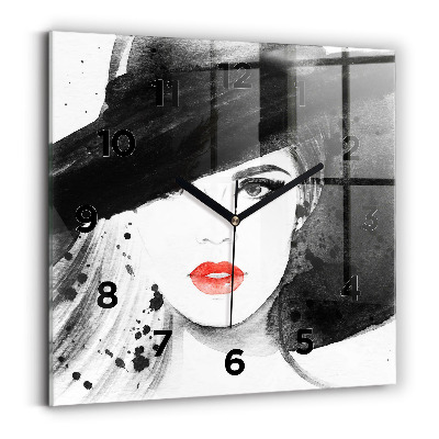 Ceas perete din sticlă pătrat Femeie cu pălărie