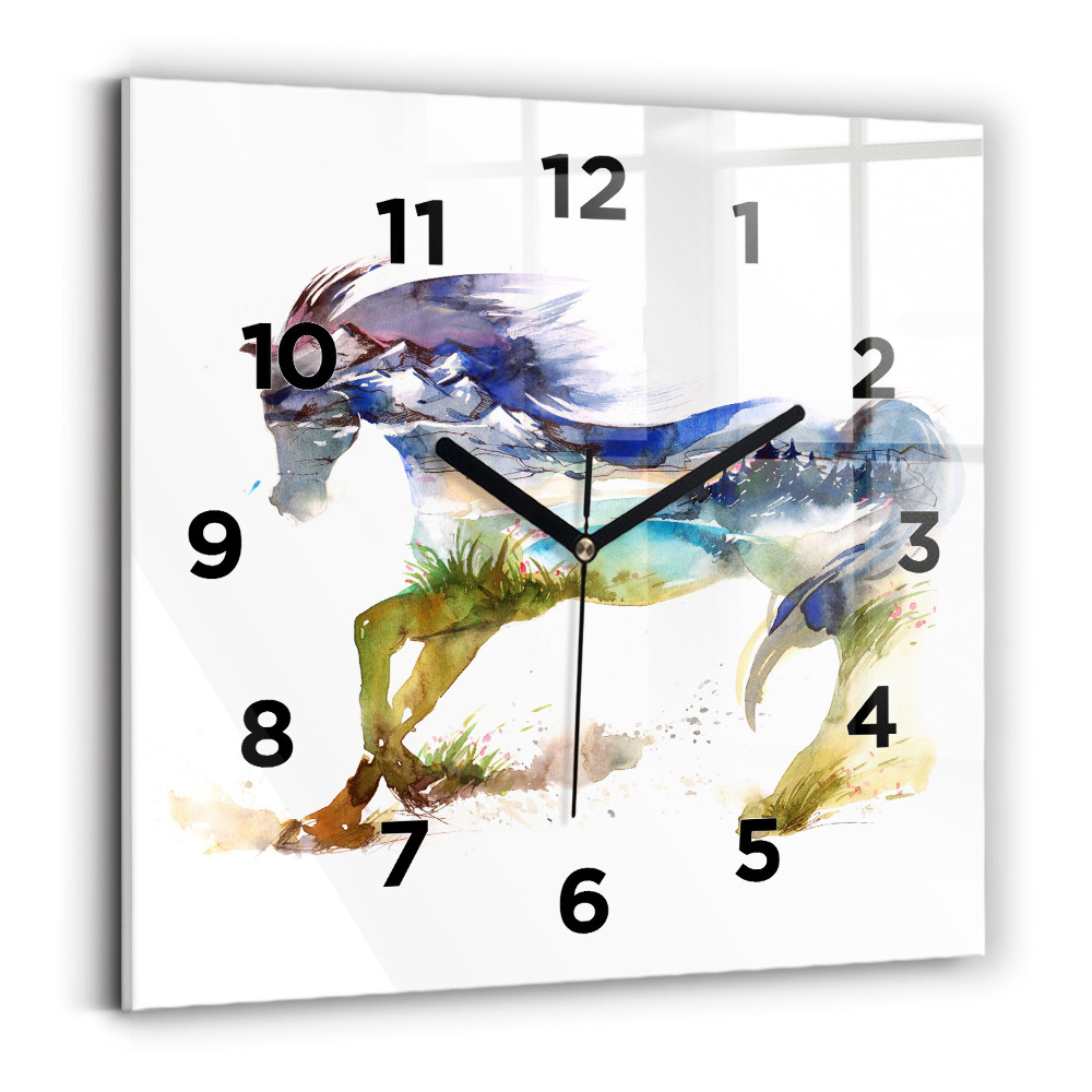 Ceas perete din sticlă pătrat Munți pictați și cal