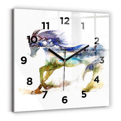 Ceas perete din sticlă pătrat Munți pictați și cal
