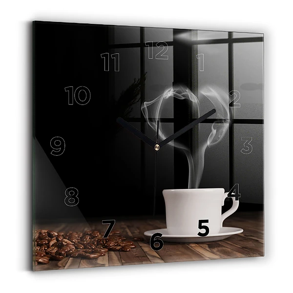 Ceas perete din sticlă pătrat O ceașcă de cafea fierbinte