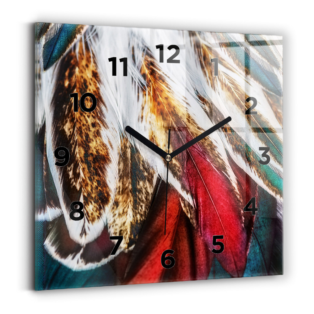 Ceas pătrat de perete din sticlă Pene de pasăre maro deschis