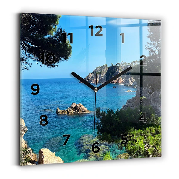 Ceas de sticlă pe perete pătrat Coasta Costa Brava