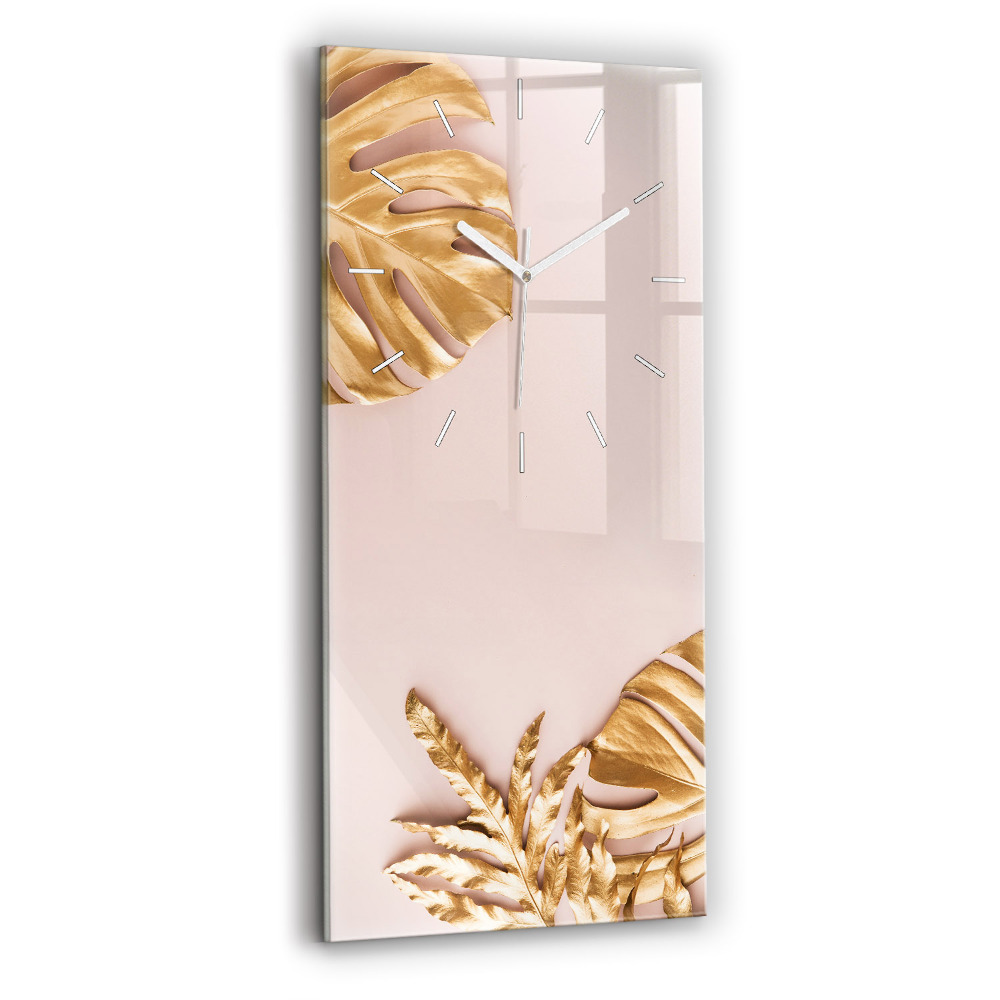 Ceas perete din sticlă dreptunghiular Frunze Tropicale Aurii