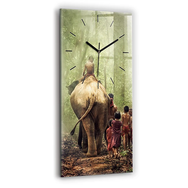 Ceas vertical de perete din sticlă Copii care conduc un elefant
