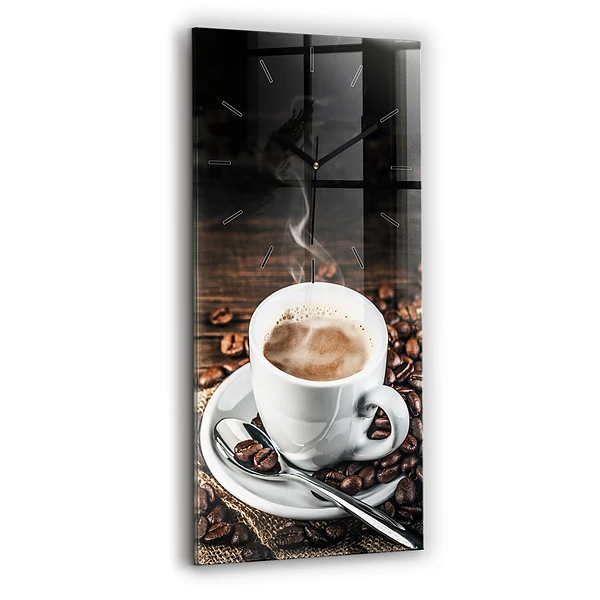 Ceas de sticlă pe perete vertical ceașcă și cafea boabe