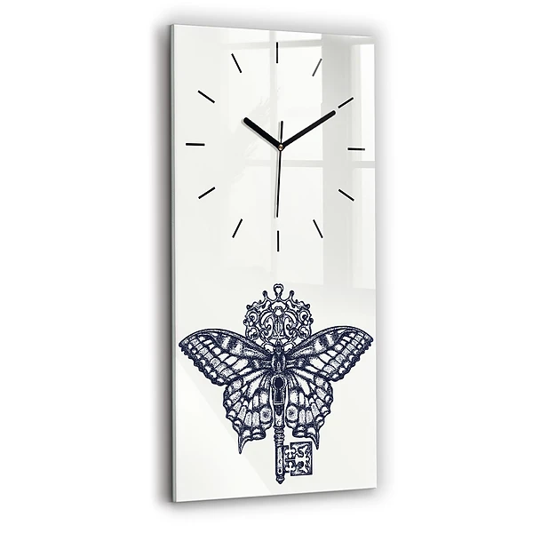 Ceas din sticlă dreptunghiular vertical Fluture și cheie - stil boho