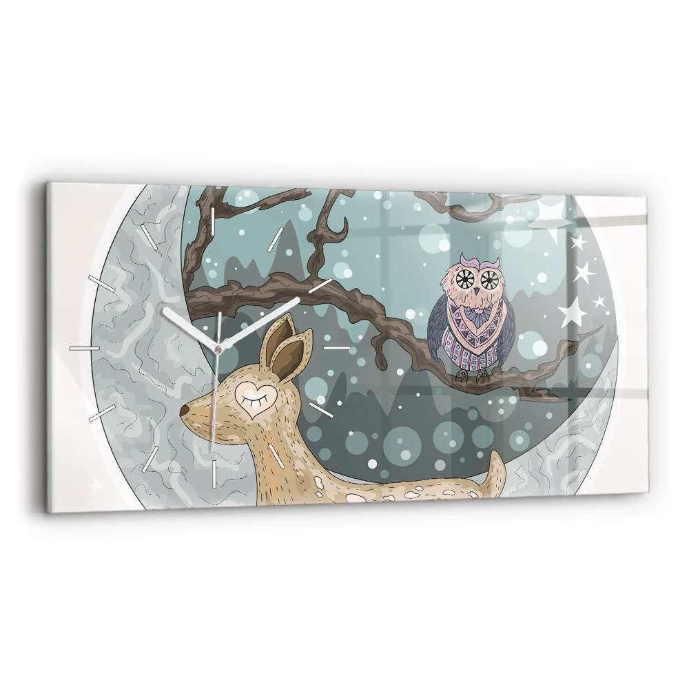 Ceas orizontale de perete din sticlă Animale nocturne Luna
