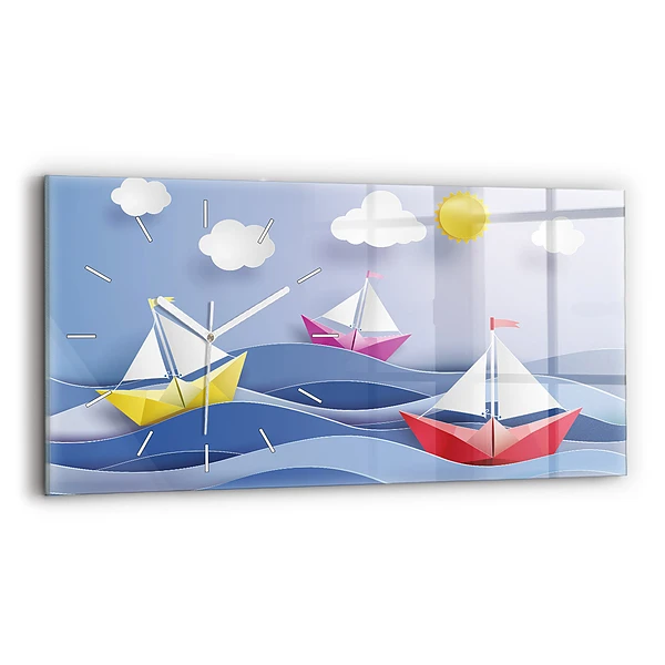 Ceas de sticlă pe perete orizontale Barci cu pânze origami colorate