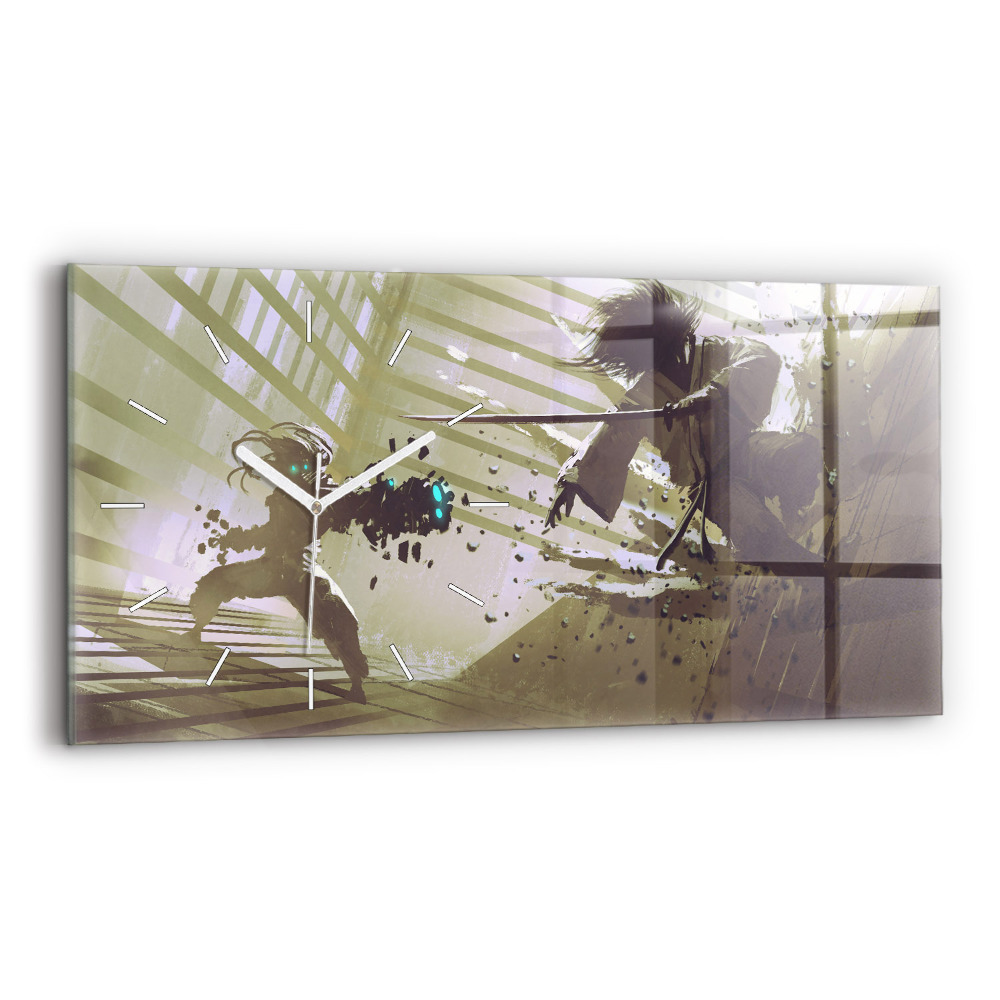 Ceas perete din sticlă orizontale Robot și samurai se luptă