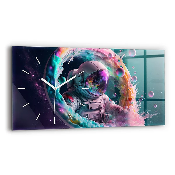 Ceas orizontale de perete din sticlă Cosmonaut nori colorați