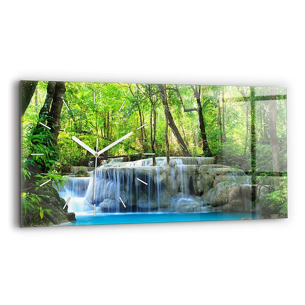Ceas perete din sticlă orizontale Cascada în pădure