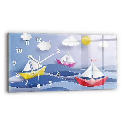 Ceas de sticlă pe perete orizontale Barci cu pânze origami colorate