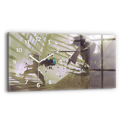 Ceas perete din sticlă orizontale Robot și samurai se luptă