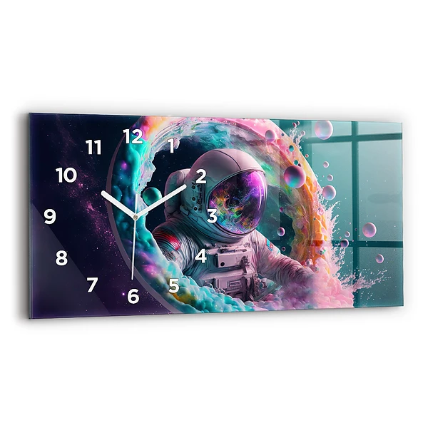 Ceas orizontale de perete din sticlă Cosmonaut nori colorați
