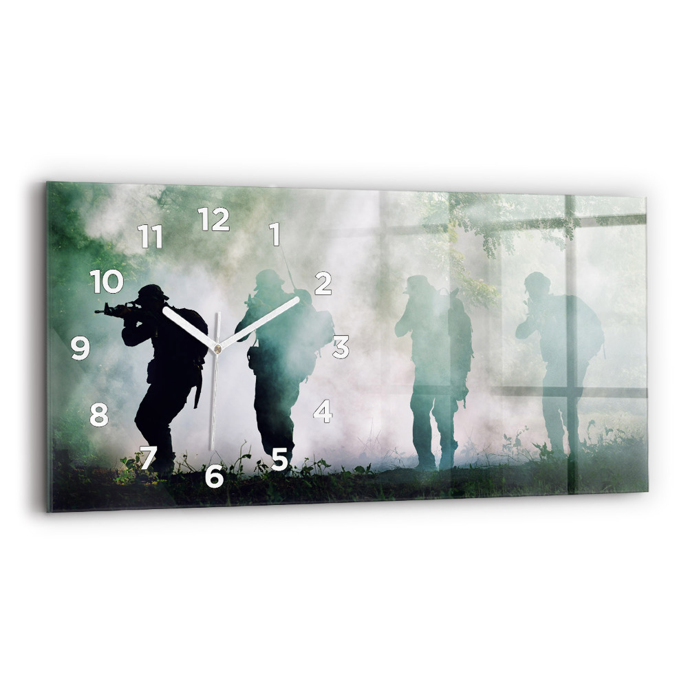 Ceas orizontale de perete din sticlă Soldații armatei în pădure