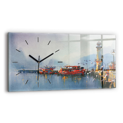 Ceas orizontale de perete din sticlă Barcă de pescuit în port