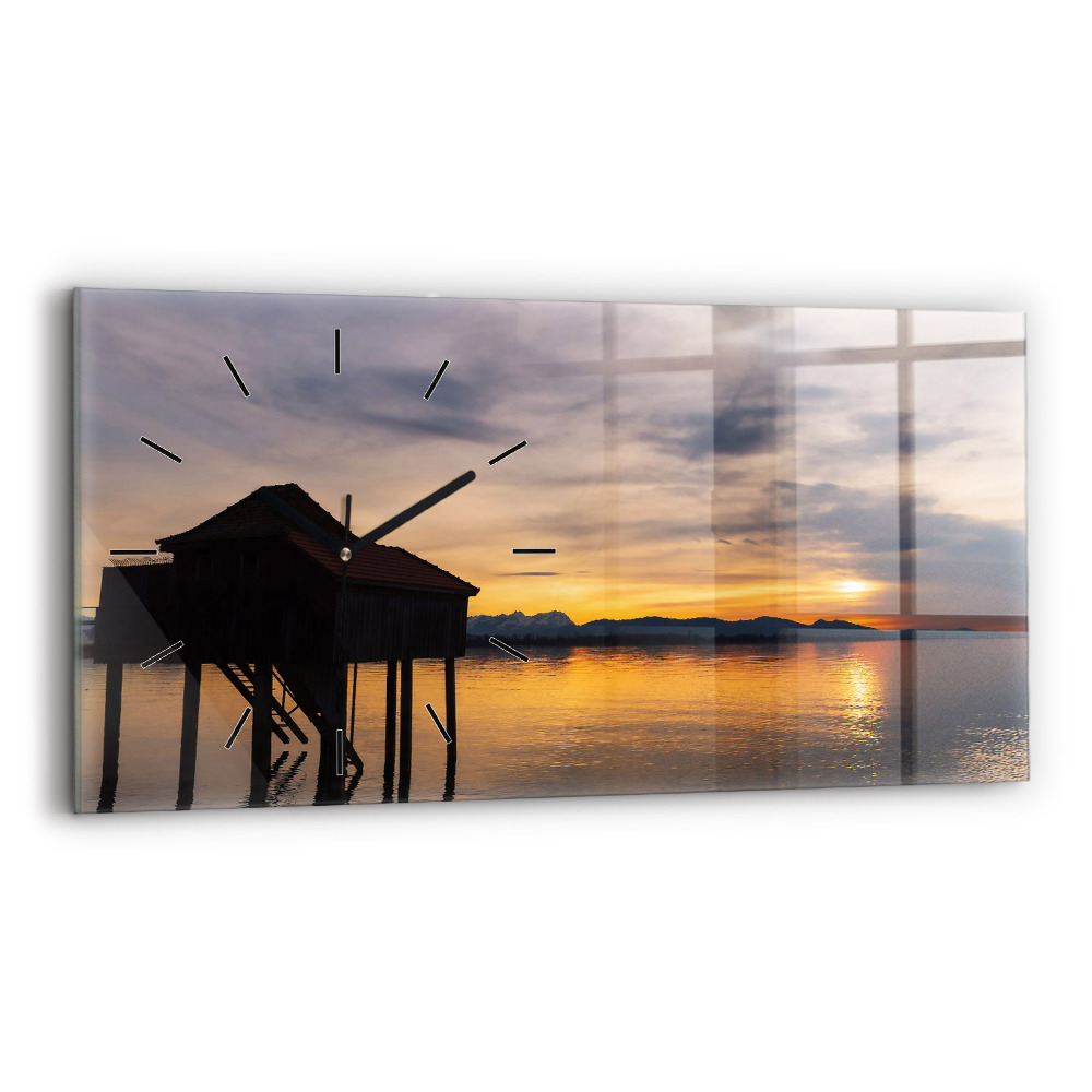 Ceas perete din sticlă orizontale Apus peste lac