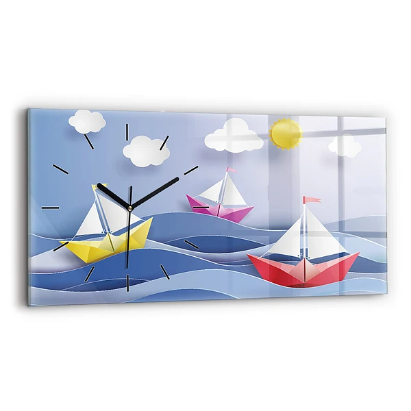 Ceas de sticlă pe perete orizontale Barci cu pânze origami colorate