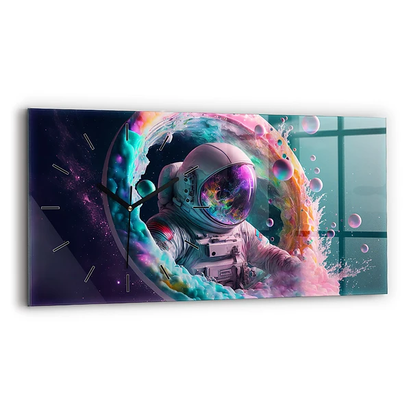 Ceas orizontale de perete din sticlă Cosmonaut nori colorați