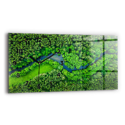 Ceas perete din sticlă orizontale Râu în pădure