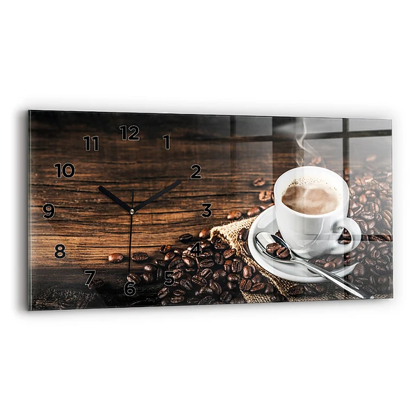 Ceas perete din sticlă orizontale ceașcă și cafea boabe