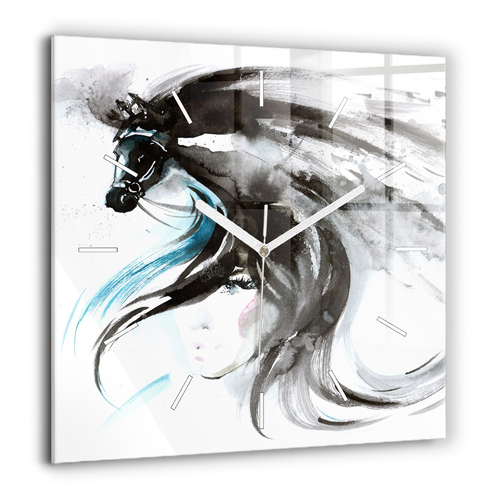 Ceas pătrat de perete din sticlă Cal pe fugă