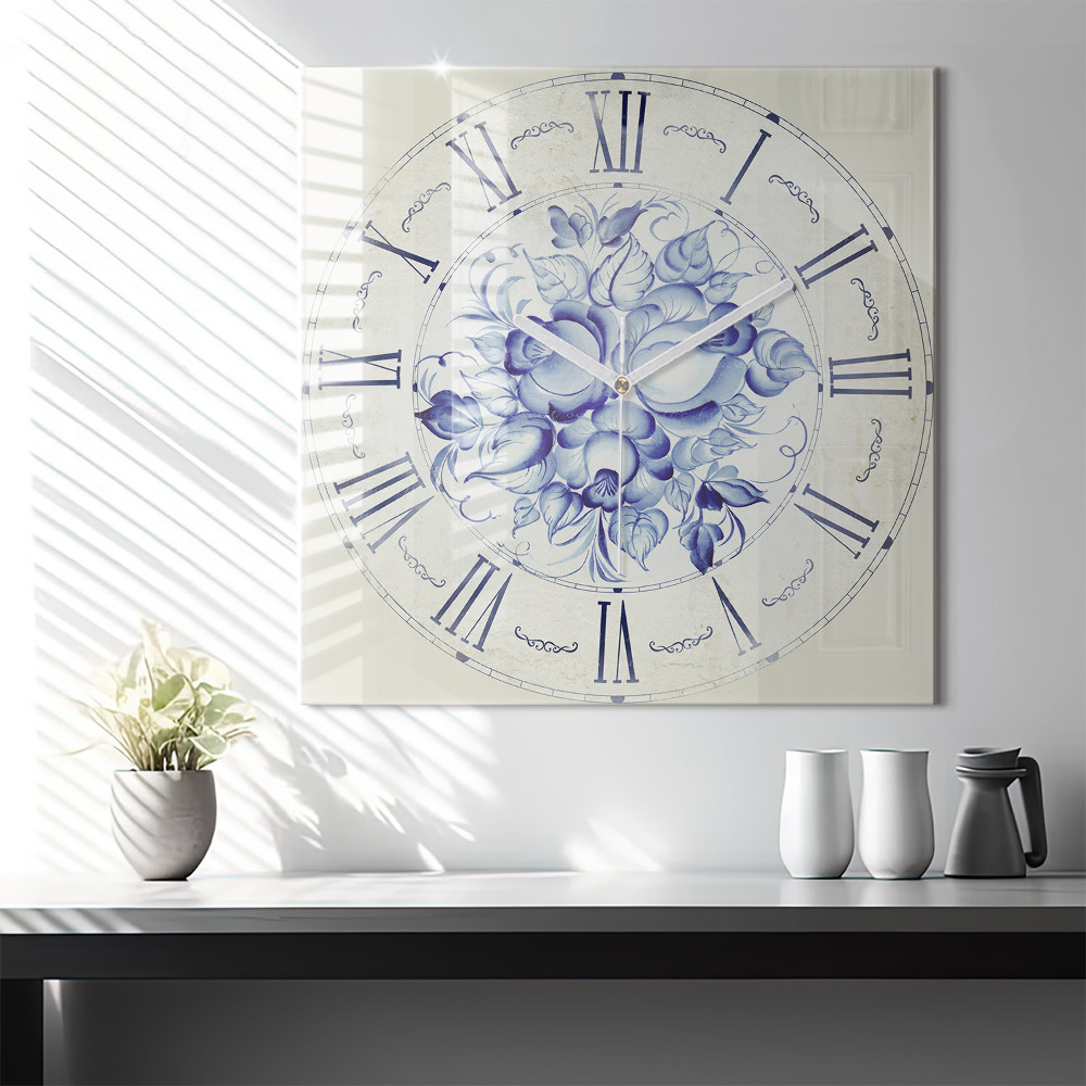 Ceas din sticlă pătrat Flori albastre