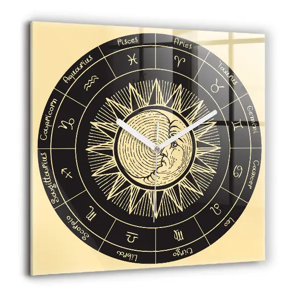 Ceas pătrat de perete din sticlă Zodiile și Soarele
