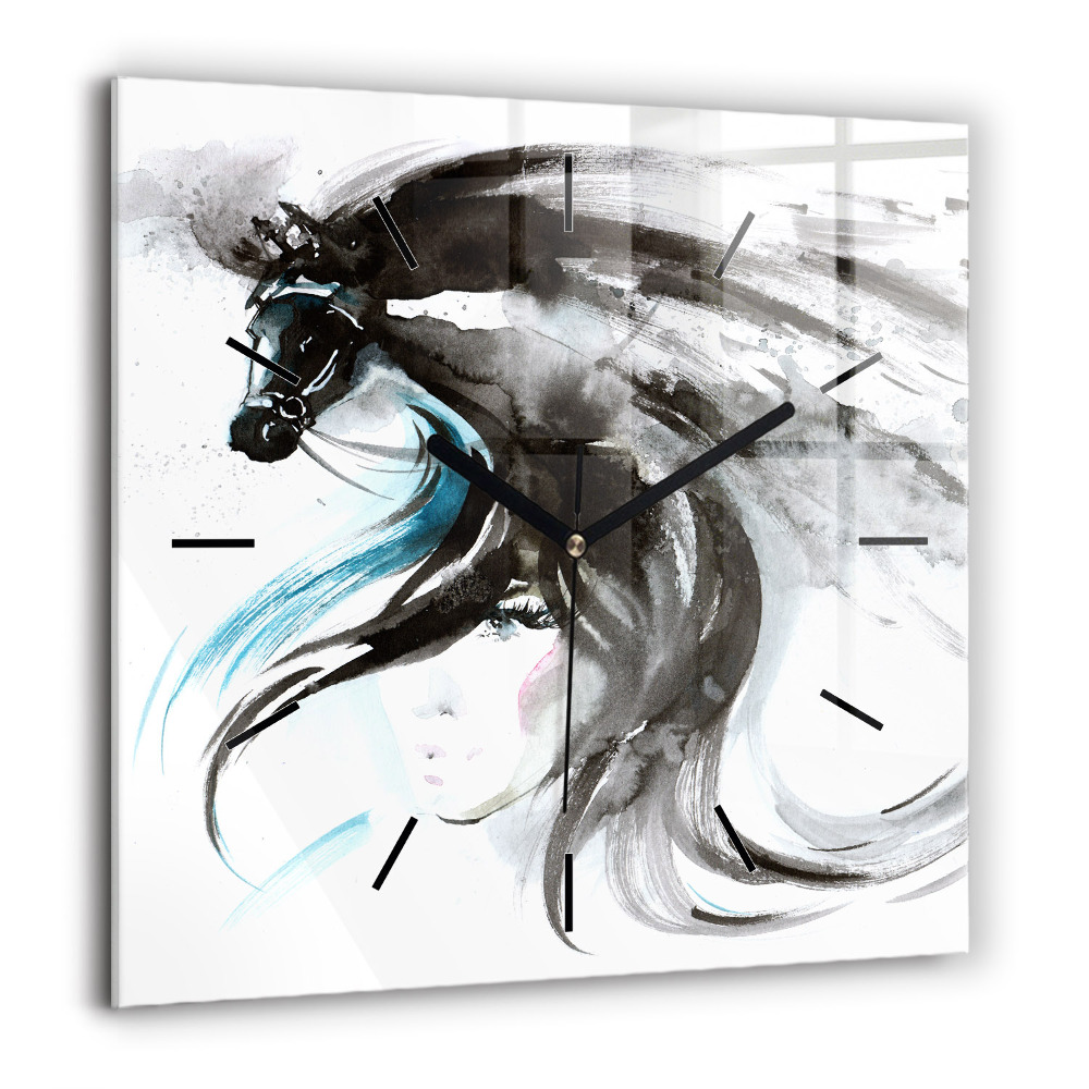 Ceas pătrat de perete din sticlă Cal pe fugă