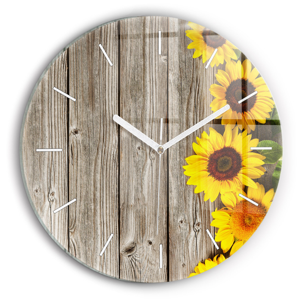 Ceas de sticlă pe perete rotund Floarea soarelui pe scânduri