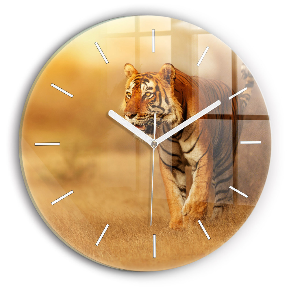 Ceas perete din sticlă rotund Vânătoarea de tigru