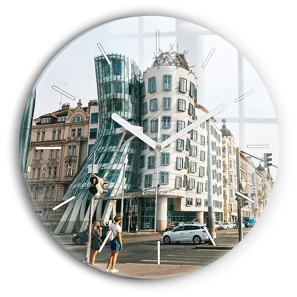 Ceas rotund de perete din sticlă Casa de dans Praga