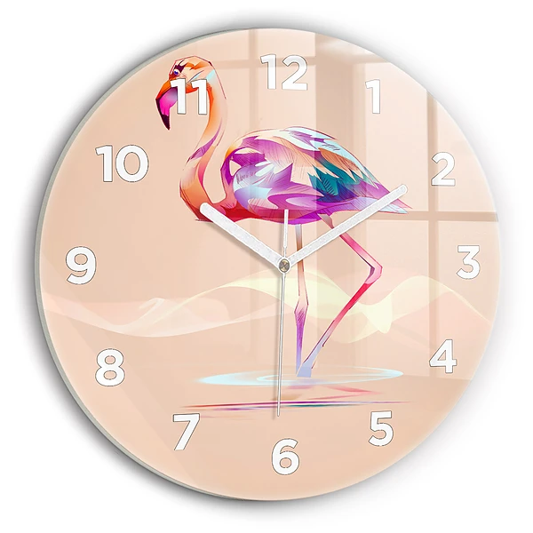Ceas perete din sticlă rotund Ilustrație cu flamingo