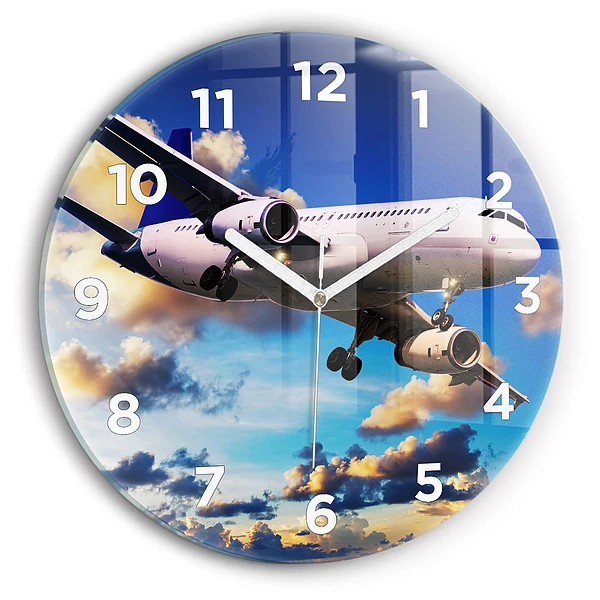 Ceas perete din sticlă rotund Avion în nori